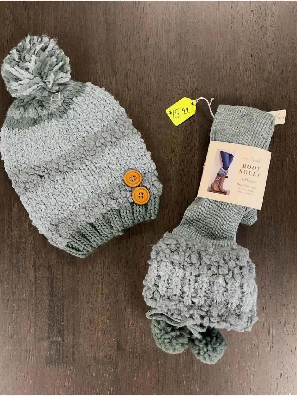 Simply Noelle Sage Green Pom Beanie & Boot Socks Set